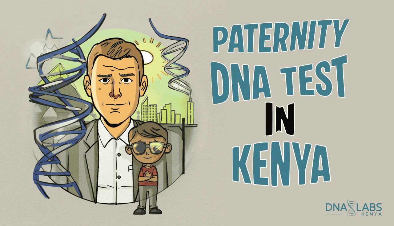 Illustration of a man and a child standing in front of a city skyline with a DNA double helix, alongside the text “Paternity DNA Test in Kenya” and a DNA Labs Kenya logo.