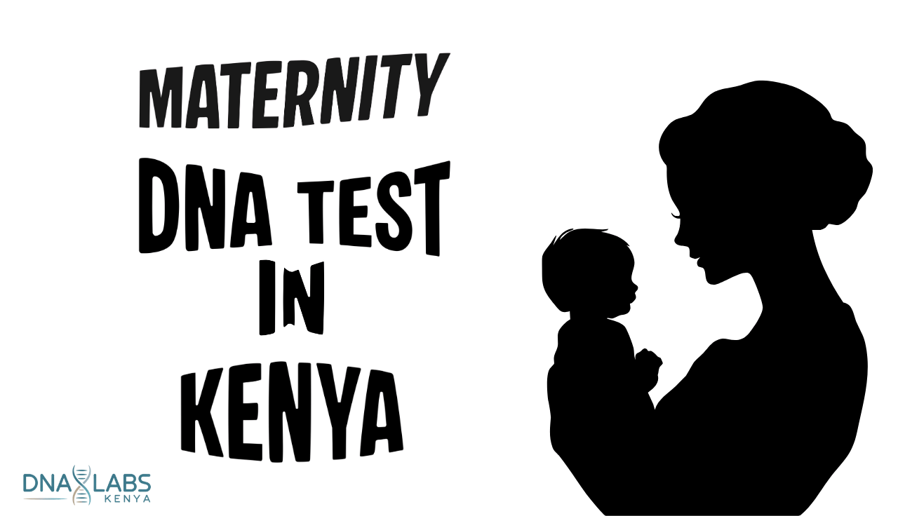 Silhouette of a mother holding a baby facing each other, with the text “Maternity DNA Test in Kenya” and a DNA Labs Kenya logo on a light background.