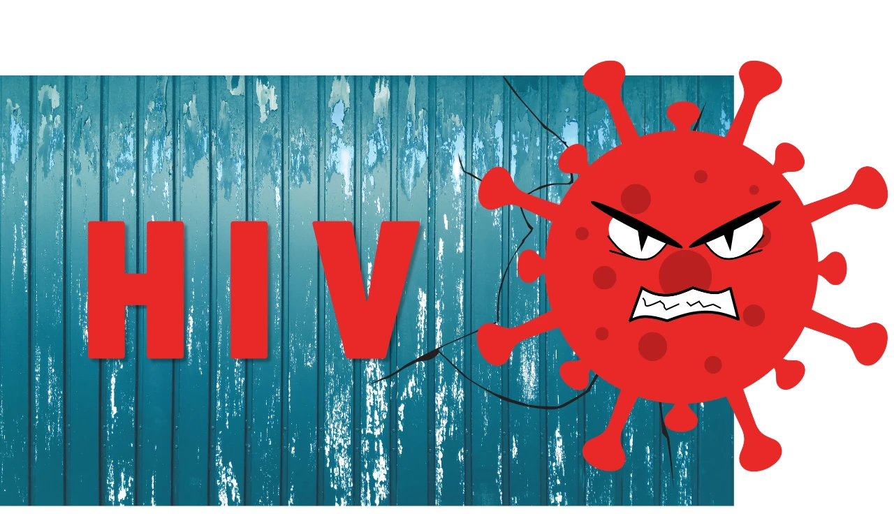 A red, angry cartoon representation of the HIV virus next to bold red "HIV" text against a weathered blue wooden background, symbolizing the virus's attack on the immune system.