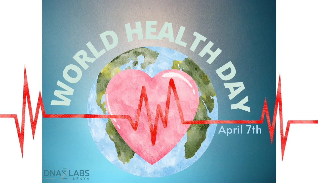 World Health Day graphic featuring a watercolor Earth with a large pink heart in the center and a red heartbeat EKG line pulsing across the foreground. The text reads "World Health Day April 7th" with the DNA Labs Kenya logo in the bottom left corner.